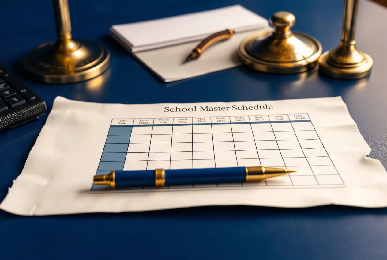 A color-coded school master schedule laid out on a desk with a pencil and reading glasses